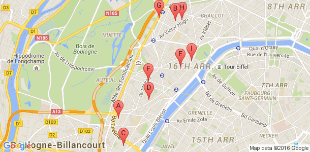 Plan des salles de sport du 16eme arrondissement de Paris